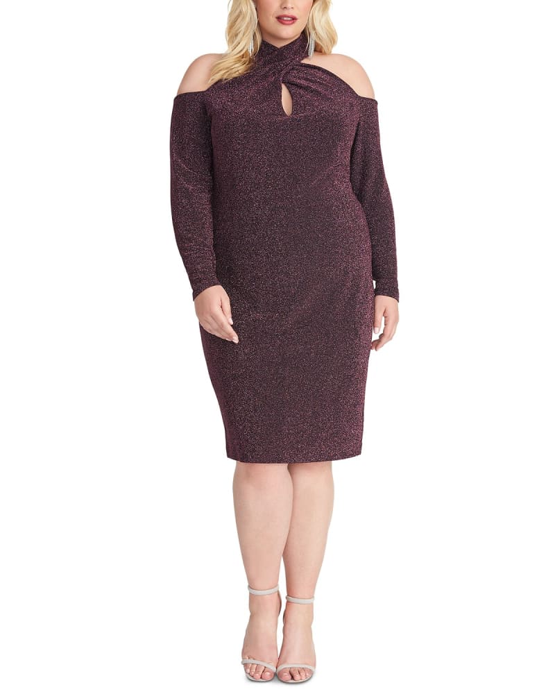 Front of a model wearing a size 14 Rachel Rachel Roy Women's Trendy Plus Size Sparkle-Knit Halter Dress Purple Size 14 in Purple by RACHEL Rachel Roy. | dia_product_style_image_id:314672